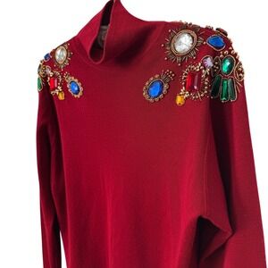 Kenar vintage red beaded top mock neck